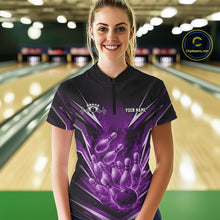 Load image into Gallery viewer, Custom Purple Fire Flame Bowling Women Quarter-Zip Shirt, Bowling Team Tournament Outfit IPHW11135