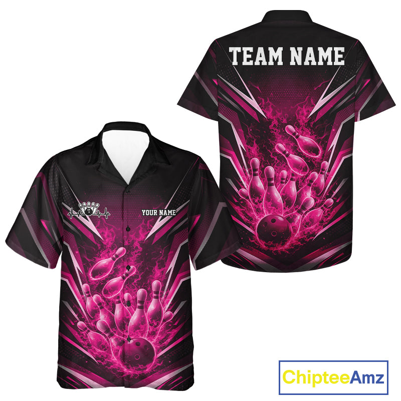 Front and back button-up bowling shirt in black and pink featuring a flaming bowling ball striking pins with explosive fire burst artwork.