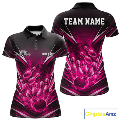 Front and back view of a women’s polo shirt featuring flaming bowling ball striking pins red explosive fire burst artwork