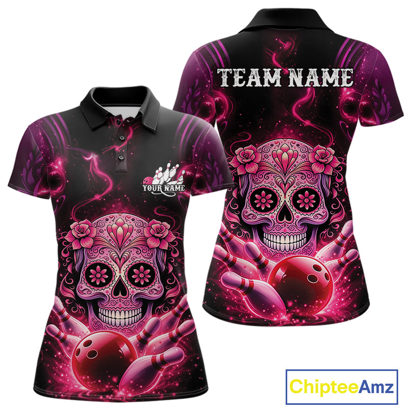 Front and back view of a black and pink women’s bowling polo shirt featuring a floral sugar skull above a bowling ball and pins in Day of the Dead style.