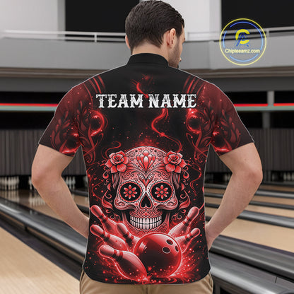 Front view of a male model in a bowling center wearing a black and red quarter-zip shirt featuring floral sugar skull artwork with bowling pins.