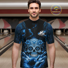 Load image into Gallery viewer, Custom Blue Sugar Skull Bowling Men Quarter-Zip Shirt, Halloween Team Bowling Outfit IPHW11146
