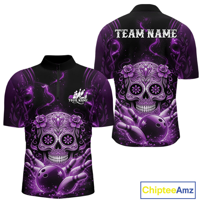 Front and back view of a black and purple mens bowling quarter-zip shirt featuring a floral sugar skull above a bowling ball and bowling pins in Day of the Dead style.