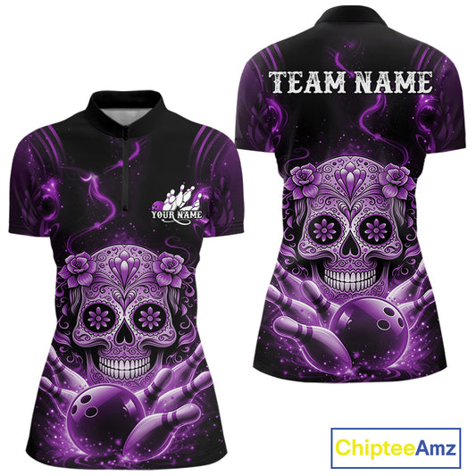 Front and back view of a black and purple women’s bowling quarter-zip shirt featuring a floral sugar skull above a bowling ball and bowling pins in Day of the Dead style.