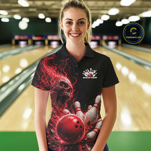 Load image into Gallery viewer, Front view of a female model in a bowling alley wearing a black bowling polo with a red flaming skull, lightning, bowling pins, and a custom name.
