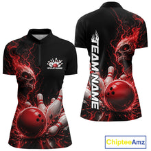 Load image into Gallery viewer, Front and back mockup of a black women's quarter zip bowling shirt featuring a red flaming skull, lightning, bowling pins, and a custom name.
