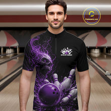 Load image into Gallery viewer, Front view of a male model in a bowling alley wearing a black quarter zip bowling shirt with a purple flaming skull, lightning, bowling pins, and a custom name.

