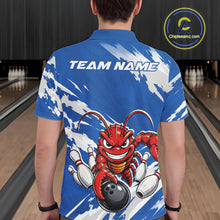 Load image into Gallery viewer, Back view of a male model in a bowling alley wearing a blue custom bowling polo shirt with a fierce yet funny crawfish bowling character and a distressed background design.