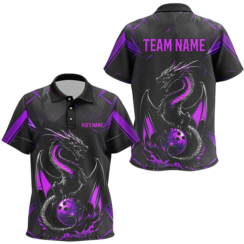 Custom Black And Purple Dragon Bowling Polo Shirts For Kid, Dragon Bowling Team Shirts Uniform IPHW7314