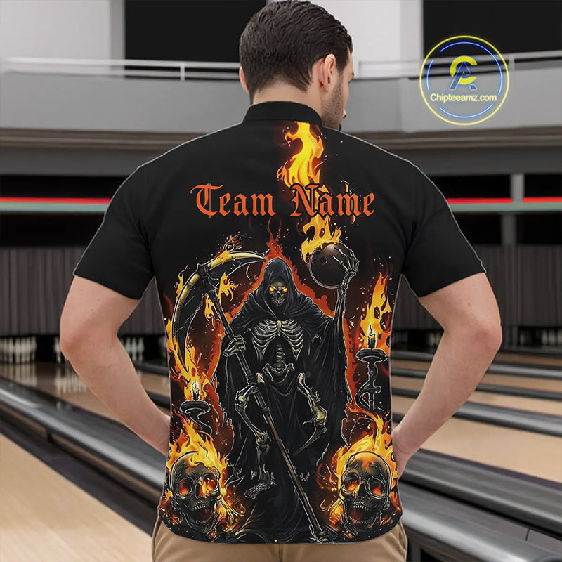 Grim Reaper Custom Flame Bowling Shirts For Men, Black And Fiery Halloween Bowling Outfits IPHW7631