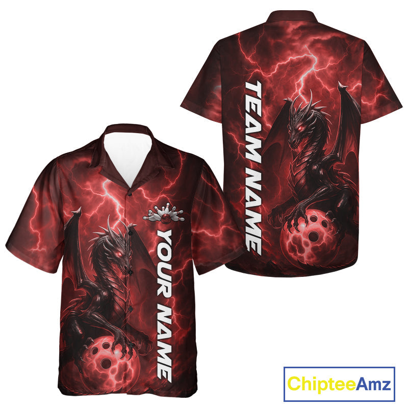 Custom Red Thunder Lightning Bowling Team Men And Women Hawaiian Shirt, Dragon Bowling Jerseys IPHW10195