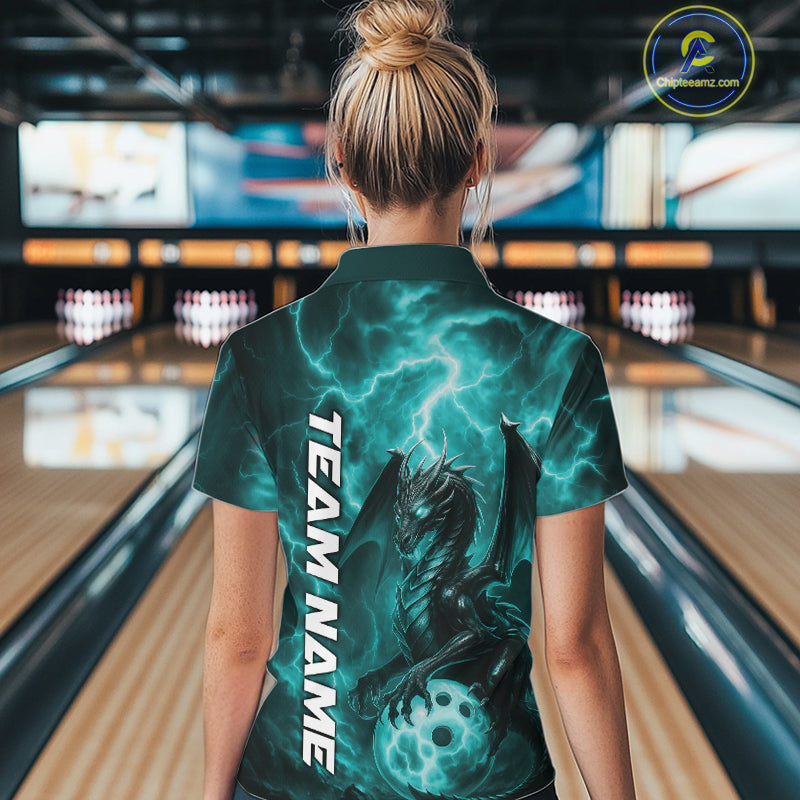 Custom Turquoise Blue Thunder Lightning Bowling Team Women Polo Shirt, Bowling Jerseys IPHW10196