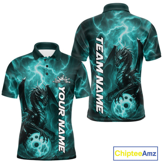 Custom Turquoise Blue Thunder Lightning Bowling Team Men Polo Shirt, Bowling Jerseys IPHW10196