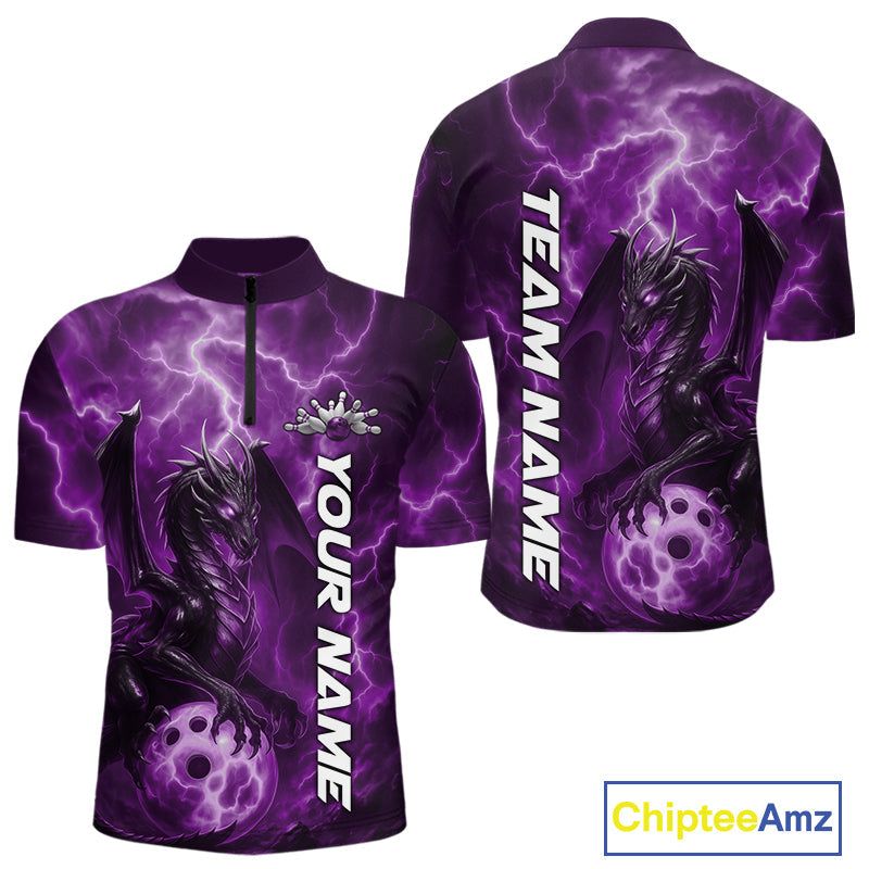 Custom Purple Thunder Lightning Bowling Team Men Quarter-Zip Shirt, Dragon Bowling Jerseys IPHW10197
