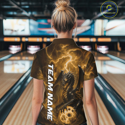 Custom Yellow Thunder Lightning Bowling Team Women Shirt, Dragon Bowling Jerseys IPHW10198