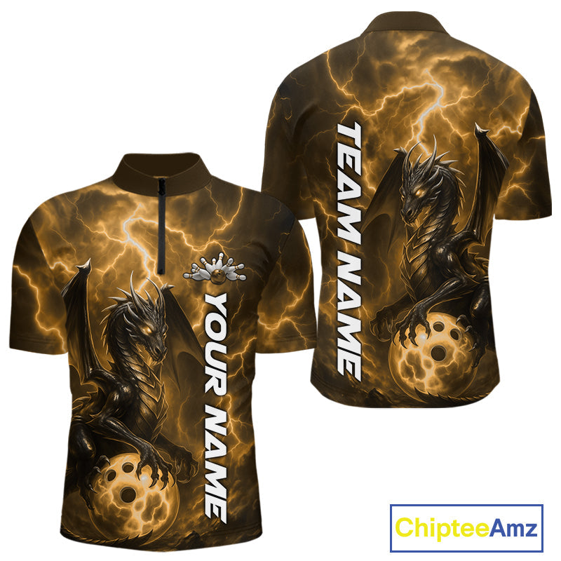Custom Yellow Thunder Lightning Bowling Team Men Quarter-Zip Shirt, Dragon Bowling Jerseys IPHW10198