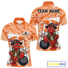 Load image into Gallery viewer, Front and back views of an orange custom men's bowling polo shirt featuring a funny Cajun crawfish leaning on a bowling ball with a swamp inspired texture background.