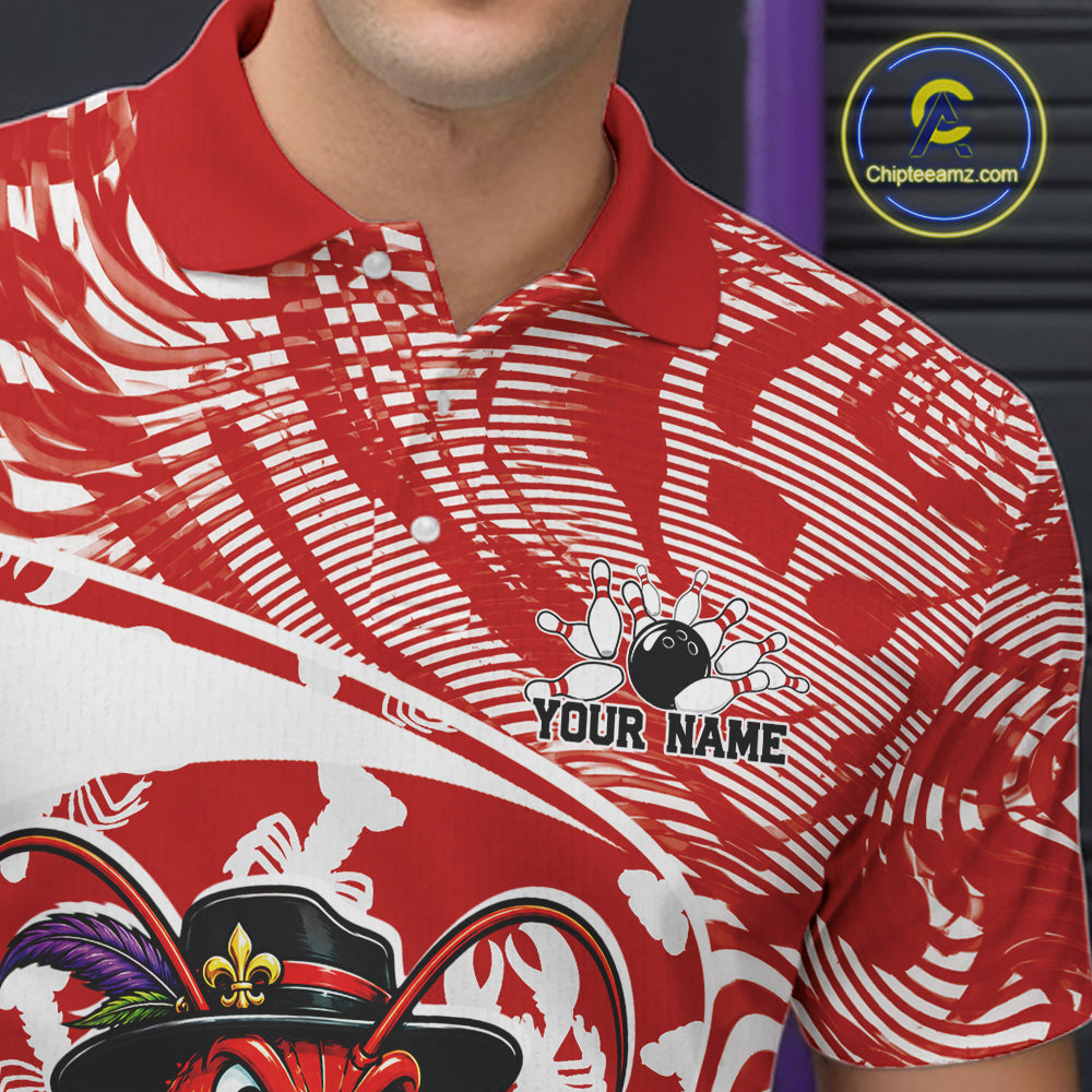 Close up front view of the left chest area on a red custom bowling polo shirt featuring a funny Cajun crawfish leaning on a bowling ball and a swamp inspired texture background.