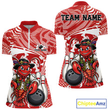 Load image into Gallery viewer, Front and back views of a red custom women's quarter-zip bowling shirt featuring a funny Cajun crawfish leaning on a bowling ball with a swamp-inspired texture background.
