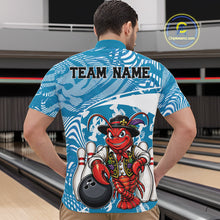 Load image into Gallery viewer, Back view of a male model in a bowling alley wearing a blue custom quarter-zip bowling shirt with a funny Cajun crawfish leaning on a bowling ball and a swamp-inspired texture background.