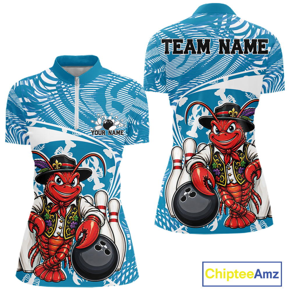 Front and back views of a blue custom women's quarter-zip bowling shirt featuring a funny Cajun crawfish leaning on a bowling ball with a swamp-inspired texture background.