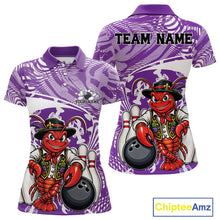 Load image into Gallery viewer, Front and back views of a purple custom women's bowling polo shirt featuring a funny Cajun crawfish leaning on a bowling ball with a swamp inspired texture background.