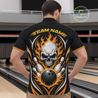 Custom Yellow Flame Skull Bowling Men Quarter Zip Shirt, Halloween Bowling Jersey IPHW11699