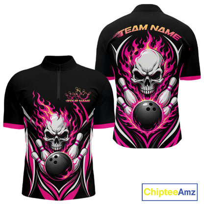 Custom Pink Flame Skull Bowling Men Quarter Zip Shirt, Halloween Bowling Jersey IPHW11700