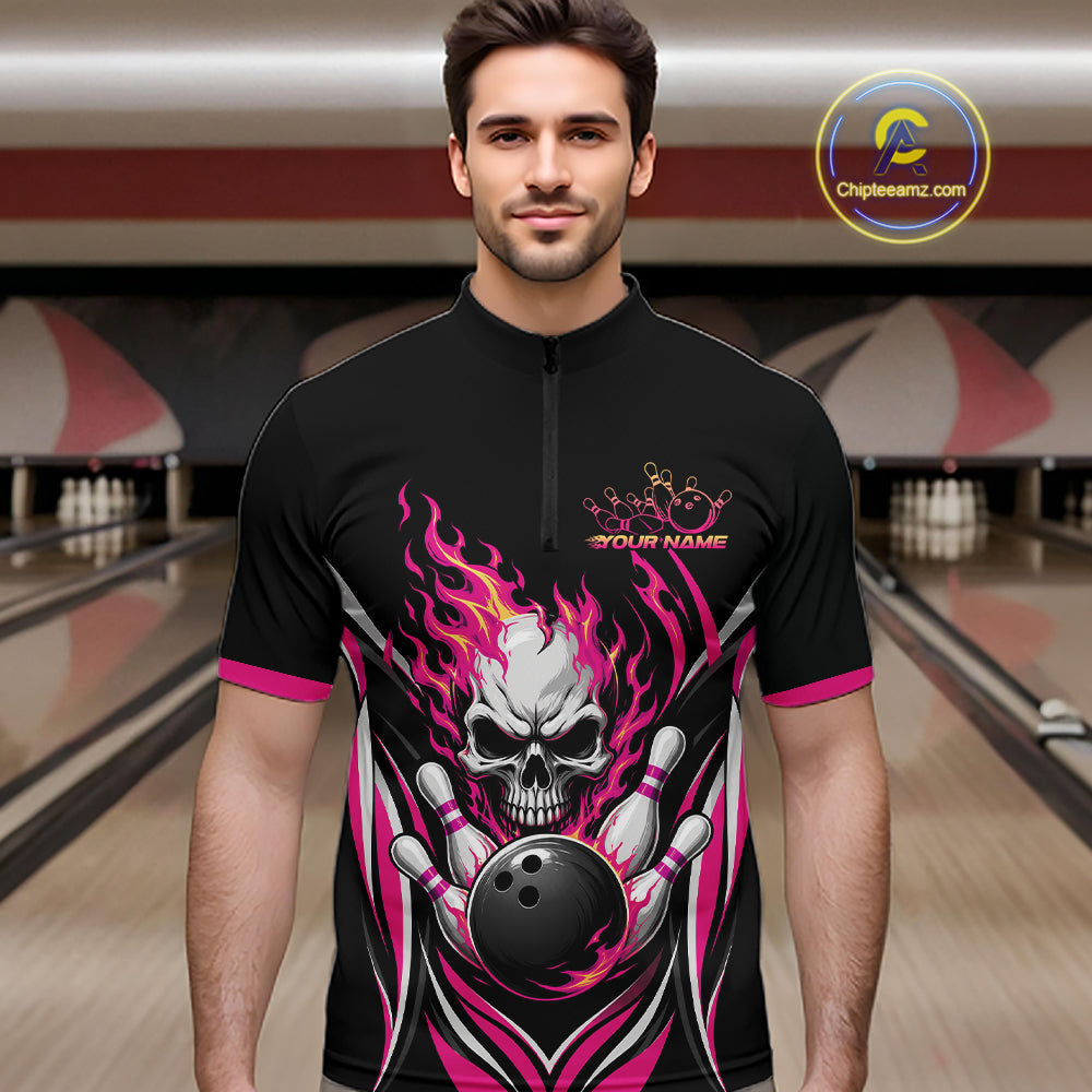 Custom Pink Flame Skull Bowling Men Quarter Zip Shirt, Halloween Bowling Jersey IPHW11700