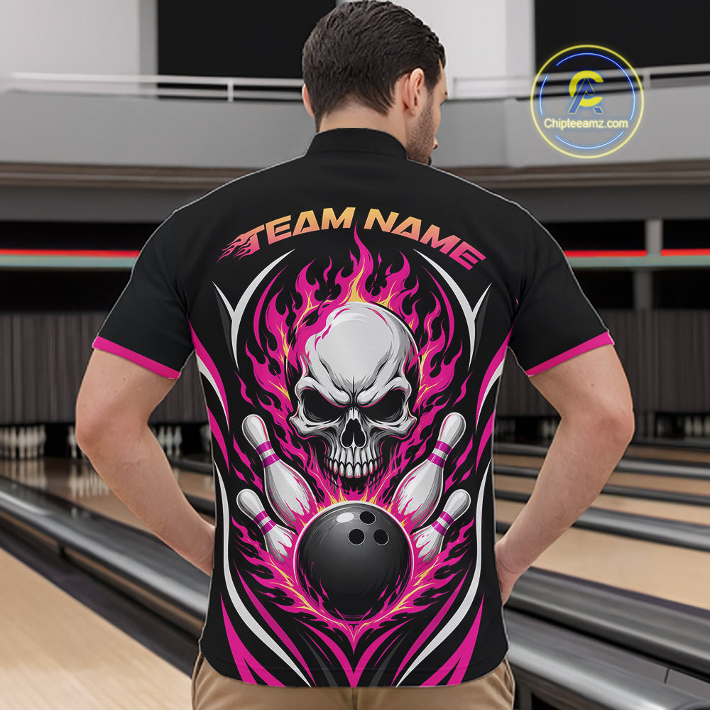 Custom Pink Flame Skull Bowling Men Quarter Zip Shirt, Halloween Bowling Jersey IPHW11700
