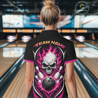 Custom Pink Flame Skull Bowling Women Quarter-Zip Shirt, Halloween Bowling Jersey IPHW11700