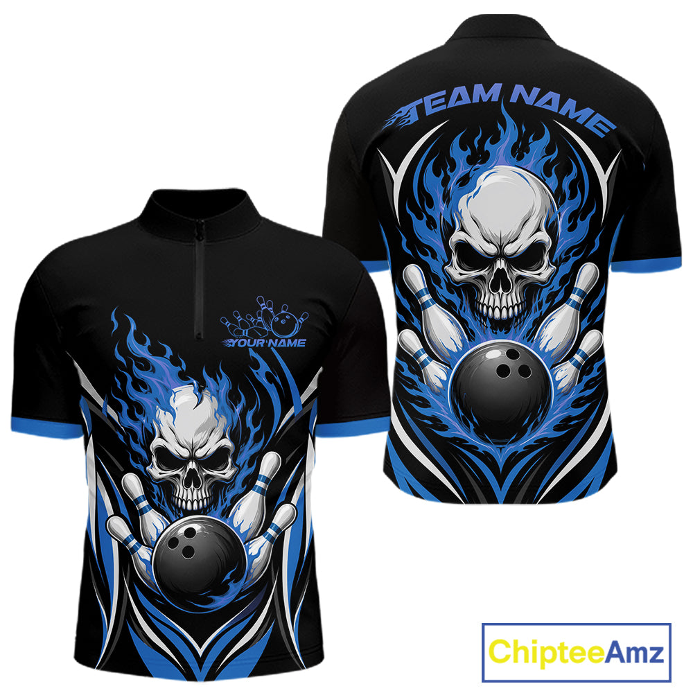 Custom Blue Flame Skull Bowling Men Quarter Zip Shirt, Halloween Bowling Jersey IPHW11701