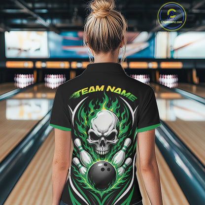 Custom Green Flame Skull Bowling Women Quarter-Zip Shirt, Halloween Bowling Jersey IPHW11702