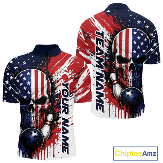 Custom Patriotic American Flag Skull Bowling Team Men Quarter Zip Shirt, US Flag Bowling Jersey IPHW11704
