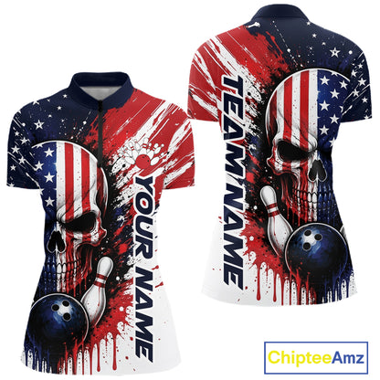 Custom Patriotic American Flag Skull Bowling Women Quarter-Zip Shirt, US Bowling Jersey IPHW11704