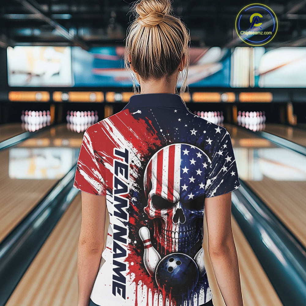 Custom Patriotic American Flag Skull Bowling Women Quarter-Zip Shirt, US Bowling Jersey IPHW11704