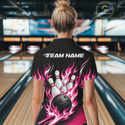 Custom Pink Flame Bowling Jerseys, Bowling Team Women Quarter-Zip Shirt Bowlers Outfit IPHW11705