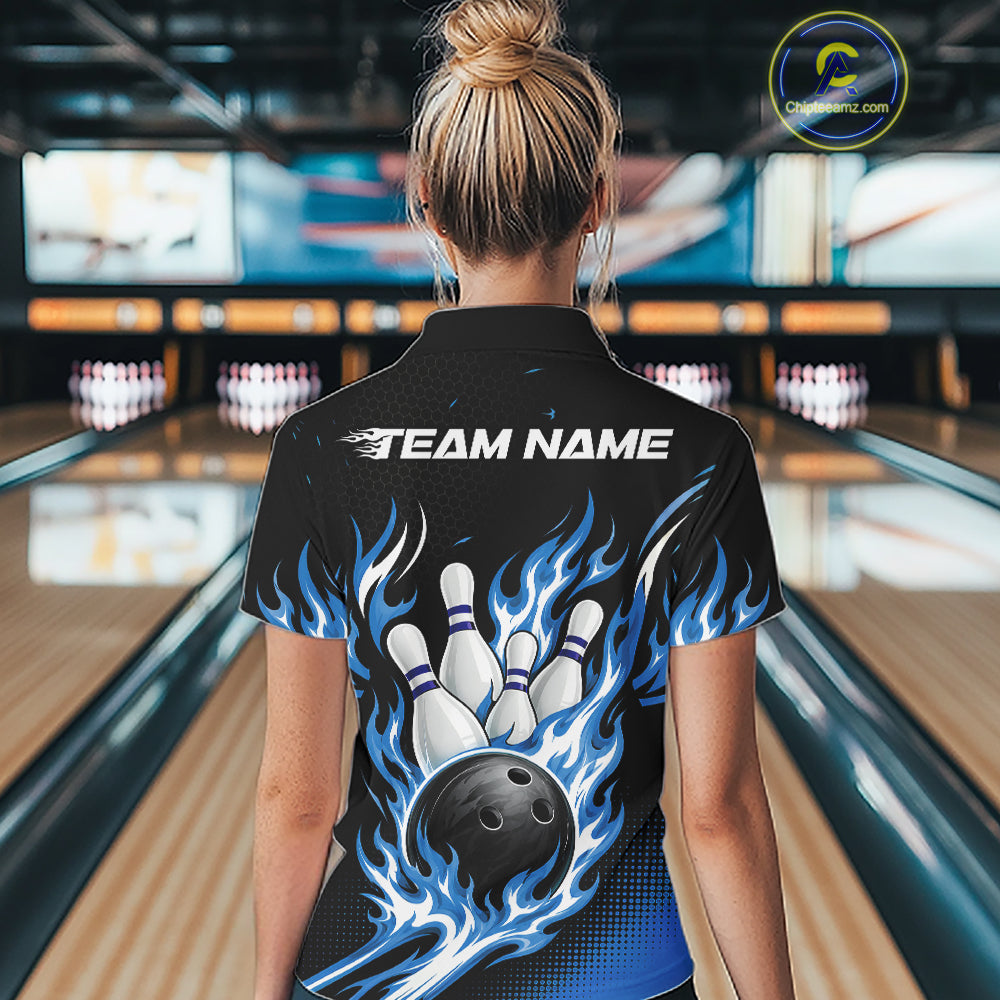 Custom Blue Flame Bowling Jerseys, Bowling Team Women Quarter-Zip Shirt Bowlers Outfit IPHW11706