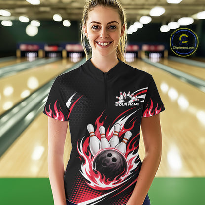 Custom Red Flame Bowling Jerseys, Bowling Team Women Quarter-Zip Shirt Bowlers Outfit IPHW11707