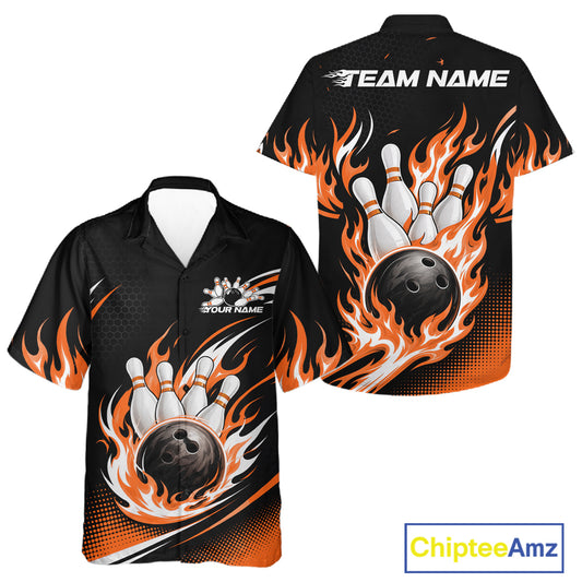 Custom Orange Flame Bowling Jerseys, Bowling Team Men And Women Hawaiian Shirt Bowlers Outfit IPHW11709