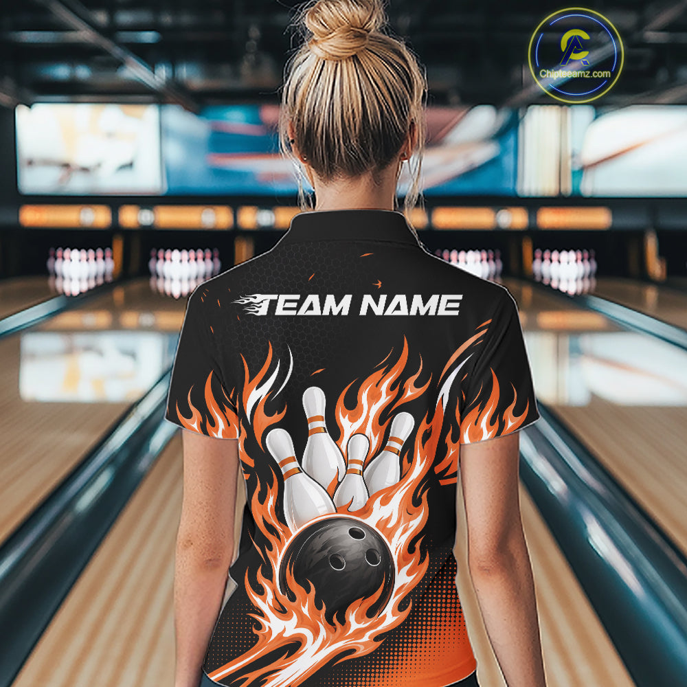 Custom Orange Flame Bowling Jerseys, Bowling Team Women Quarter-Zip Shirt Bowlers Outfit IPHW11709
