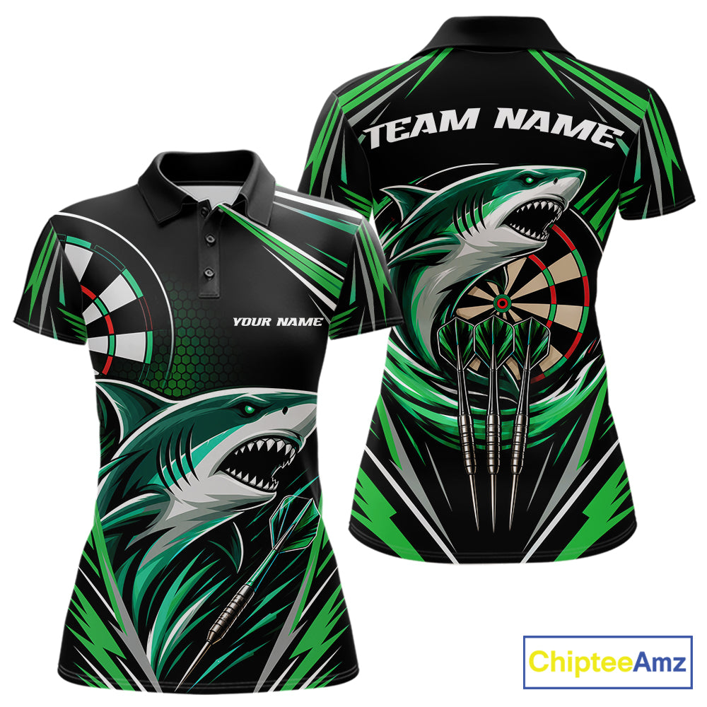 Custom Black And Green Shark Darts Jerseys, Darts Team Women Polo Shirt IPHW11715