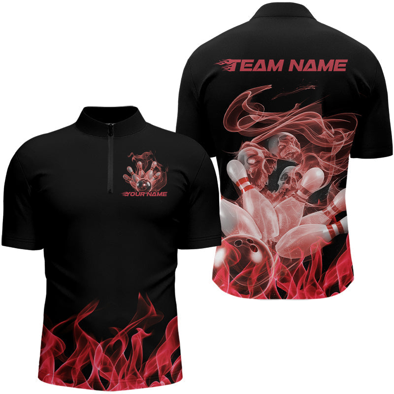 Custom Black And Red Flame Bowling Quarter-Zip Shirts For Men, Red Smoke Bowling Team Shirt IPHW8060