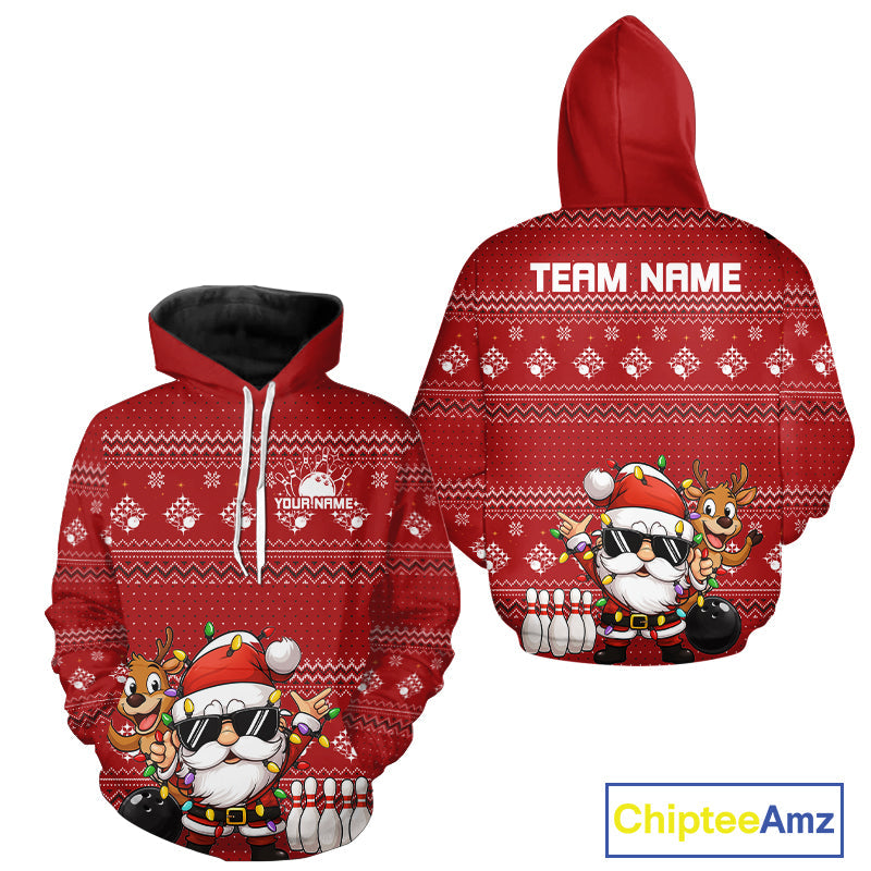 Custom Funny Christmas Men And Women Bowling Shirts, Santa Claus And Reindeer Xmas Bowling Shirt IPHW10203