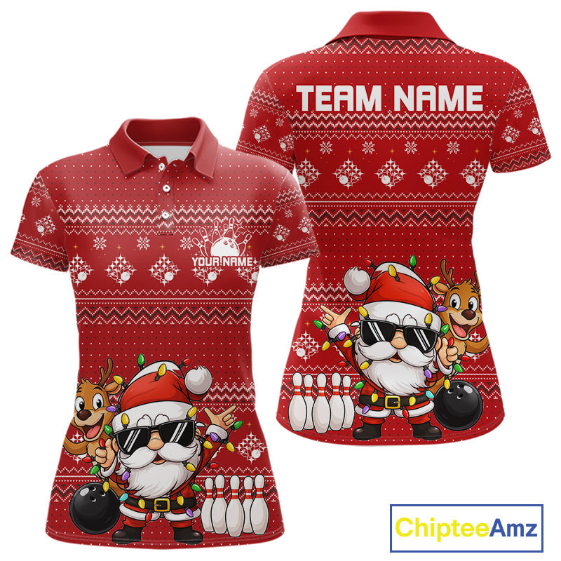 Custom Funny Christmas Women Bowling Shirts, Santa Claus And Reindeer Xmas Bowling Shirt IPHW10203