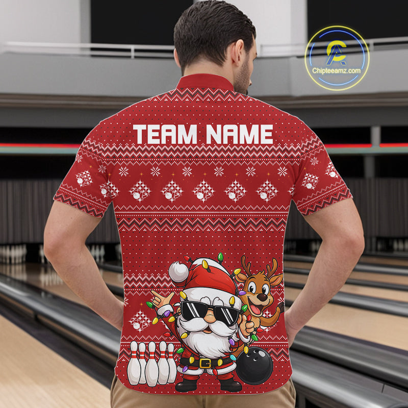 Custom Funny Christmas Men Bowling Shirts, Santa Claus And Reindeer Xmas Bowling Shirt IPHW10203
