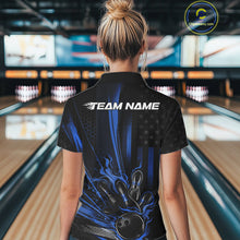 Load image into Gallery viewer, Custom Black And Blue US Flag Patriotic Women Bowling Shirt, American Flame Bowling Jerseys IPHW10641