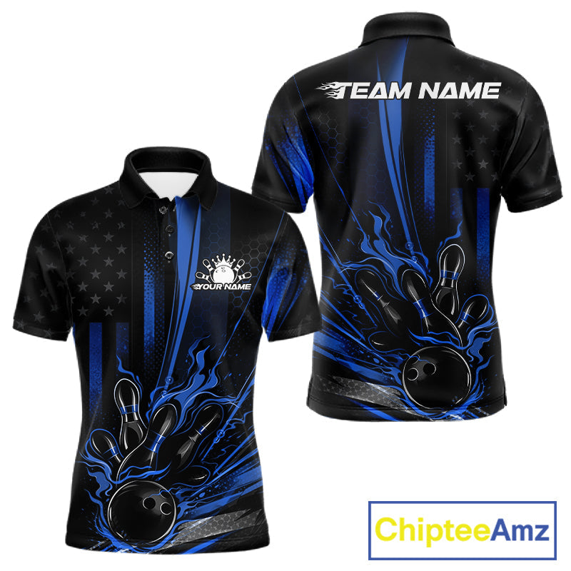 Custom Black And Blue US Flag Patriotic Men Bowling Shirt, American Flame Bowling Jerseys IPHW10641