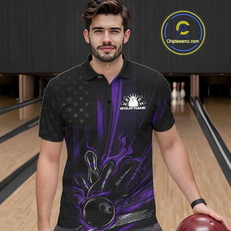 Custom Black And Purple US Flag Patriotic Men Bowling Shirt, American Flame Bowling Jersey IPHW10642