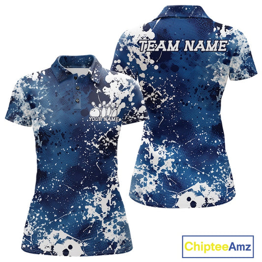 Blue and white splatter patterned polo shirt with customizable text on a white background